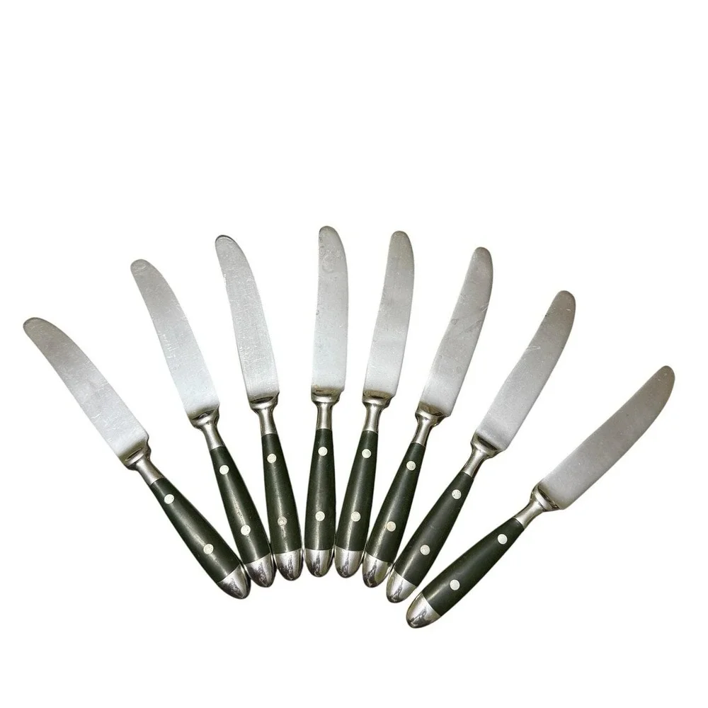 Set 8 Stainless Steel Dinner Knives Green Rivet Handle Flatware Vintage